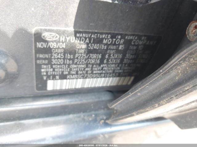 Aukcja sprzedaży 2005 Hyundai Santa Fe Gls, vin: KM8SC73D95U916453, numer aukcji: 45539395
