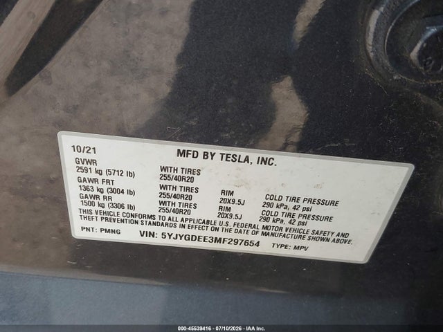 Aukcja sprzedaży 2021 Tesla Model Y Long Range Dual Motor All-wheel Drive, vin: 5YJYGDEE3MF297654, numer aukcji: 45539416