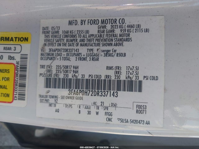 2013 Ford Fusion Se მანქანა იყიდება აუქციონზე, vin: 3FA6P0H72DR337143, აუქციონის ნომერი: 45539427