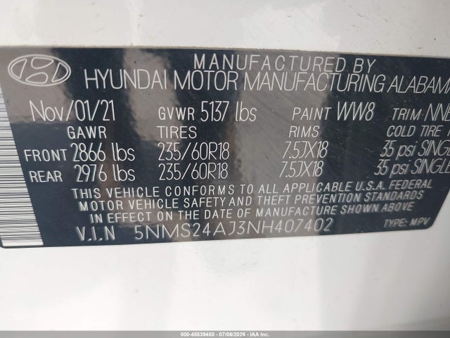 2022 Hyundai Santa Fe Sel მანქანა იყიდება აუქციონზე, vin: 5NMS24AJ3NH407402, აუქციონის ნომერი: 45539450
