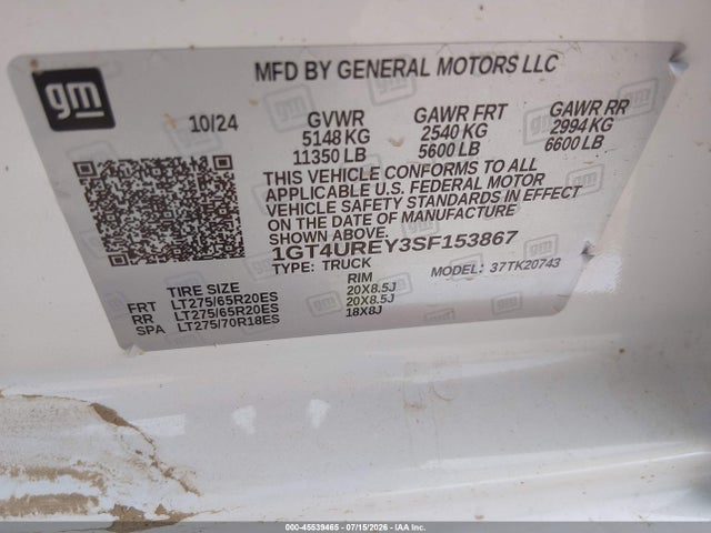 45539465 :رقم المزاد ، 1GT4UREY3SF153867 vin ، 2025 Gmc Sierra 2500hd 4wd  Standard Bed Denali مزاد بيع