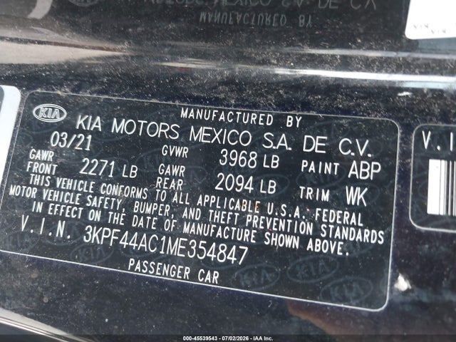 Продаж на аукціоні авто 2021 Kia Forte Gt, vin: 3KPF44AC1ME354847, номер лоту: 45539543