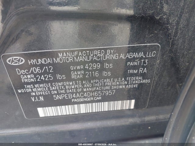 Продажа на аукционе авто 2013 Hyundai Sonata Gls, vin: 5NPEB4AC4DH657957, номер лота: 45539567
