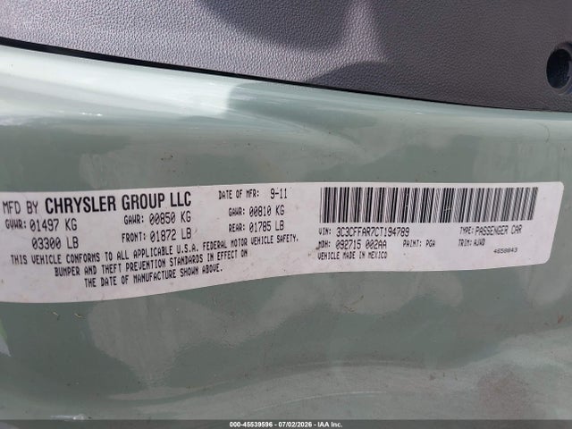 45539596 :رقم المزاد ، 3C3CFFAR7CT194789 vin ، 2012 Fiat 500 Pop مزاد بيع