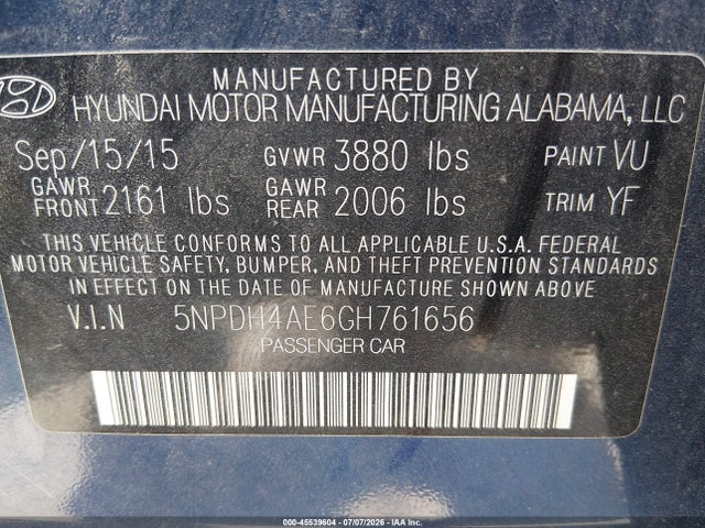 Hyundai ELANTRA SE 2016 5NPDH4AE6GH761656 Image 9