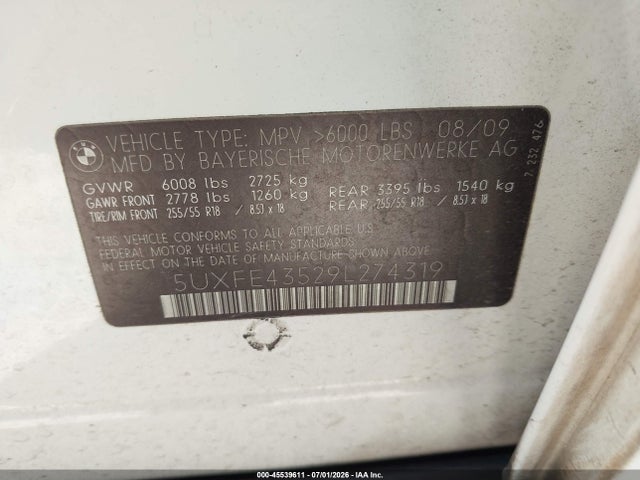 45539611 :رقم المزاد ، 5UXFE43529L274319 vin ، 2009 Bmw X5 Xdrive30i مزاد بيع