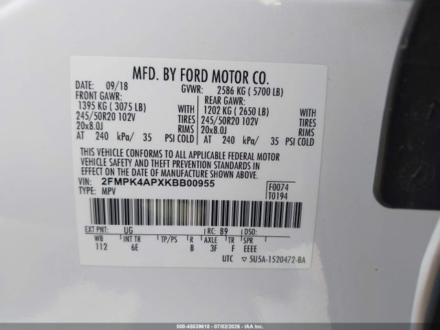 2019 Ford Edge St მანქანა იყიდება აუქციონზე, vin: 2FMPK4APXKBB00955, აუქციონის ნომერი: 45539618