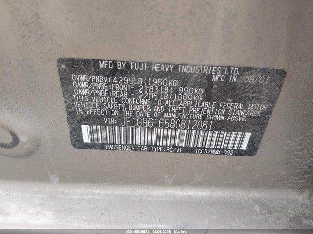 Продаж на аукціоні авто 2008 Subaru Impreza Wagon (natl) I, vin: JF1GH61658G812061, номер лоту: 45539621
