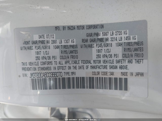 45539631 :رقم المزاد ، JM3TB3CA6C0366070 vin ، 2012 Mazda Cx-9 Touring مزاد بيع
