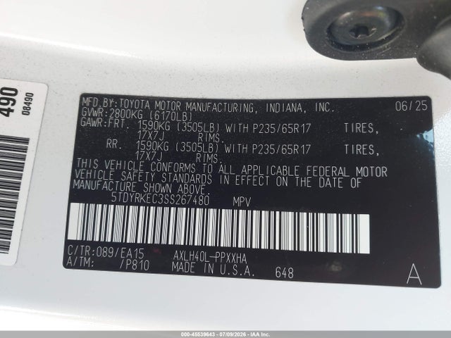 Aukcja sprzedaży 2025 Toyota Sienna Xle, vin: 5TDYRKEC3SS267480, numer aukcji: 45539643