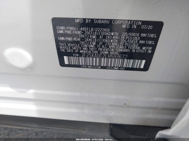 2020 Subaru Forester Limited მანქანა იყიდება აუქციონზე, vin: JF2SKAUC2LH593672, აუქციონის ნომერი: 45539646