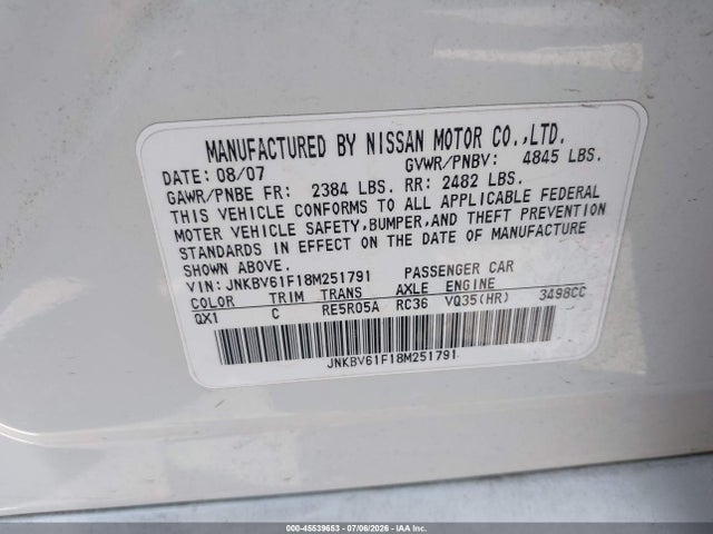 45539653 :رقم المزاد ، JNKBV61F18M251791 vin ، 2008 Infiniti G35x مزاد بيع
