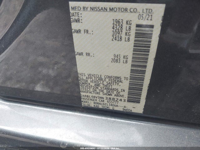 Продажа на аукционе авто 2021 Nissan Altima S Fwd, vin: 1N4BL4BV3MN388243, номер лота: 45539693
