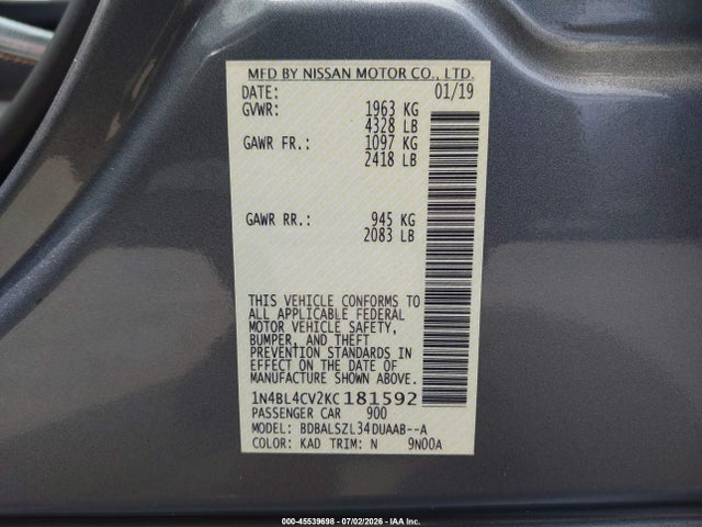 Nissan Altima 2.5 Sr 2019 1N4BL4CV2KC181592 Image 9