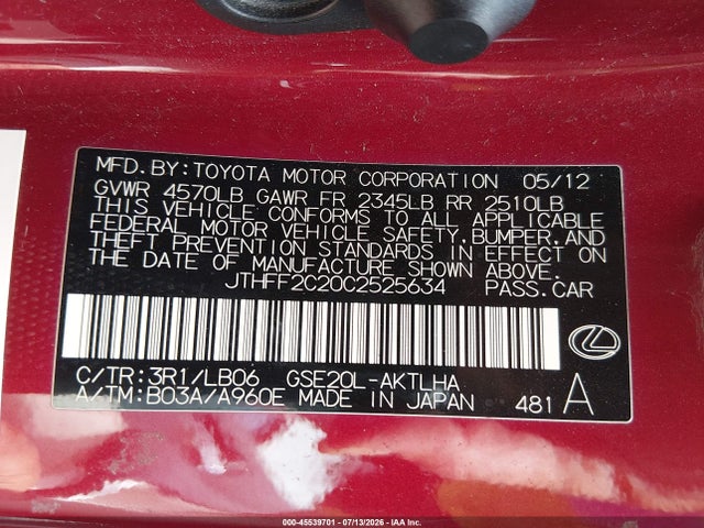 Aukcja sprzedaży 2012 Lexus Is 250c, vin: JTHFF2C20C2525634, numer aukcji: 45539701