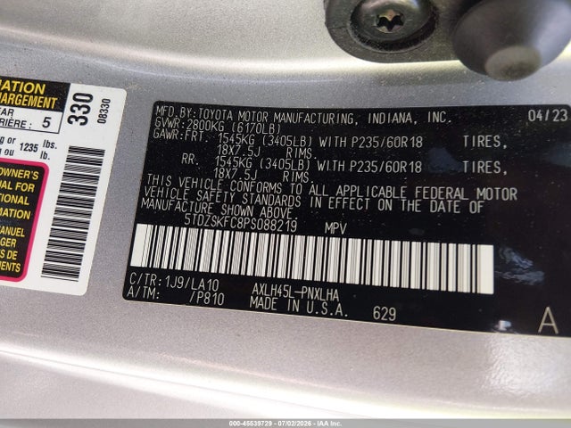 Aukcja sprzedaży 2023 Toyota Sienna Limited, vin: 5TDZSKFC8PS088219, numer aukcji: 45539729