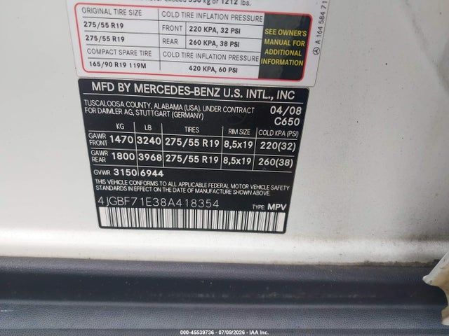 Продаж на аукціоні авто 2008 Mercedes-benz Gl-class 4.6l, vin: 4JGBF71E38A418354, номер лоту: 45539736