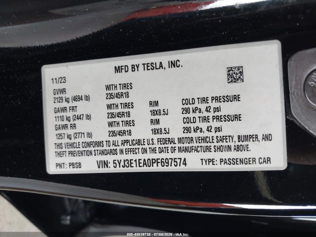 Tesla Model 3 Rear-wheel Drive 2023 5YJ3E1EA0PF697574 Image 9