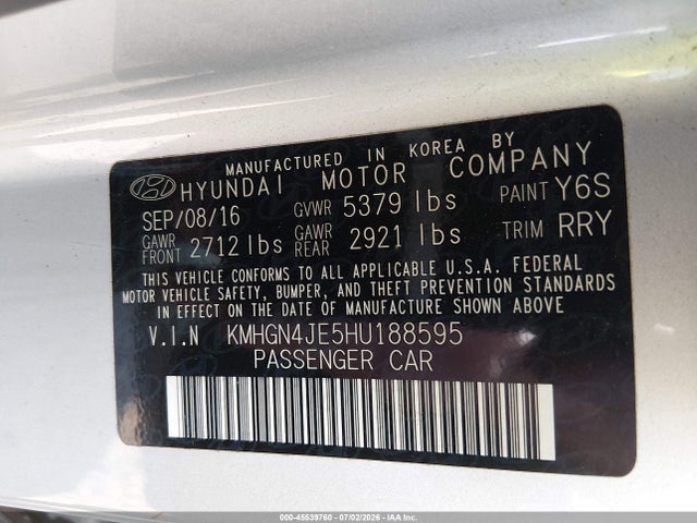 2017 Genesis G80 3.8 მანქანა იყიდება აუქციონზე, vin: KMHGN4JE5HU188595, აუქციონის ნომერი: 45539760
