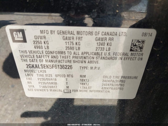Продаж на аукціоні авто 2015 Gmc Terrain Slt-1, vin: 2GKALSEK5F6136226, номер лоту: 45539762