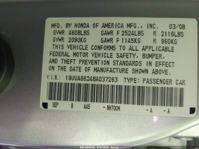 Aukcja sprzedaży 2008 Acura Tl 3.2, vin: 19UUA66248A037263, numer aukcji: 45539764