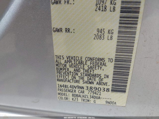 Продажа на аукционе авто 2022 Nissan Altima Sv Fwd, vin: 1N4BL4DV9NN389038, номер лота: 45539779