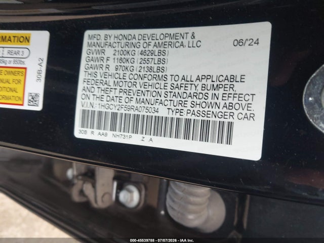 Aukcja sprzedaży 2024 Honda Accord Hybrid Sport, vin: 1HGCY2F59RA075034, numer aukcji: 45539788
