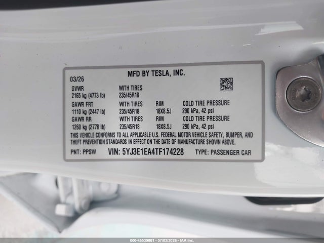 Aukcja sprzedaży 2026 Tesla Model 3 Premium Rear-wheel Drive/rear-wheel Drive, vin: 5YJ3E1EA4TF174228, numer aukcji: 45539801
