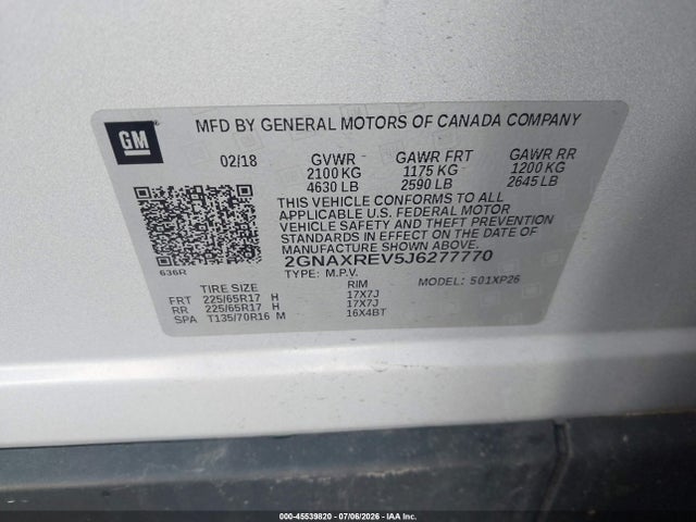 Продажа на аукционе авто 2018 Chevrolet Equinox Ls, vin: 2GNAXREV5J6277770, номер лота: 45539820