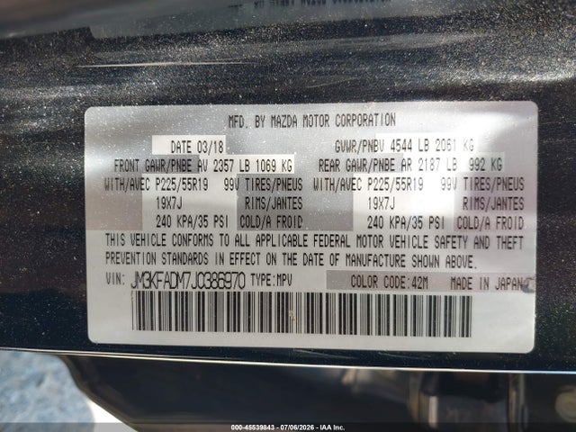 45539843 :رقم المزاد ، JM3KFADM7J0386970 vin ، 2018 Mazda Cx-5 Grand Touring مزاد بيع