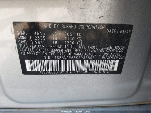 Aukcja sprzedaży 2019 Subaru Legacy 2.5i Premium, vin: 4S3BNAF66K3035896, numer aukcji: 45539847