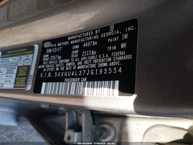 2018 Kia Optima Ex მანქანა იყიდება აუქციონზე, vin: 5XXGU4L37JG193554, აუქციონის ნომერი: 45539860