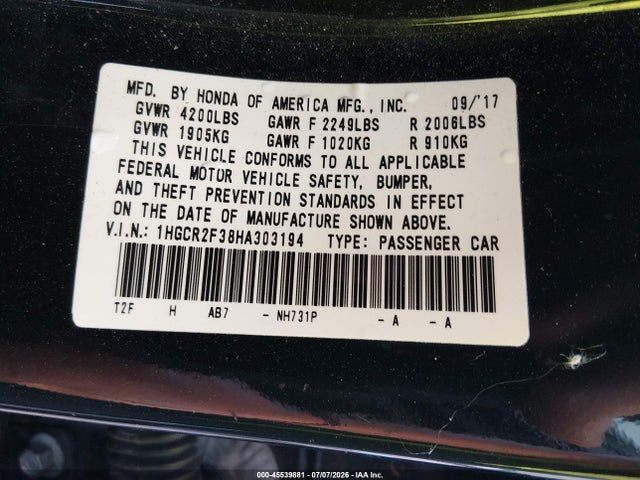 Honda ACCORD LX 2017 1HGCR2F38HA303194 Image 9
