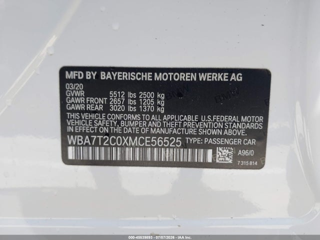 45539893 :رقم المزاد ، WBA7T2C0XMCE56525 vin ، 2021 Bmw 740i مزاد بيع
