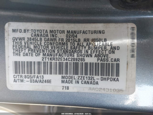 Aukcja sprzedaży 2004 Toyota Matrix Standard, vin: 2T1KR32E34C289265, numer aukcji: 45539904