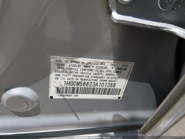 2003 Honda Accord 2.4 Ex მანქანა იყიდება აუქციონზე, vin: 1HGCM56623A101356, აუქციონის ნომერი: 45539922