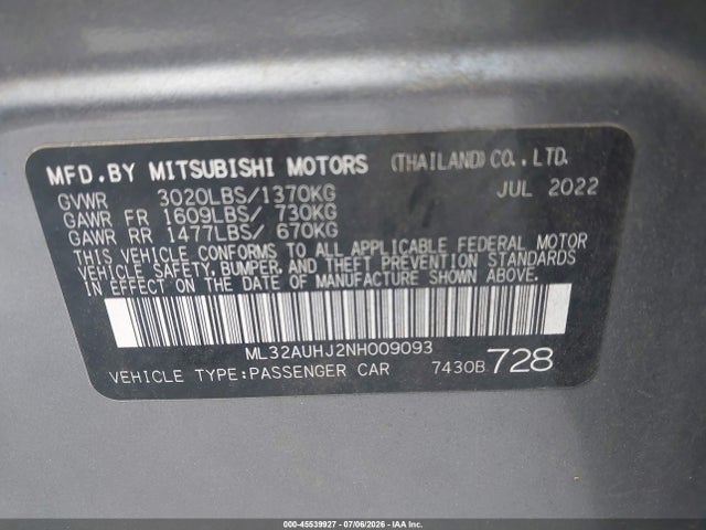 2022 Mitsubishi Mirage Es მანქანა იყიდება აუქციონზე, vin: ML32AUHJ2NH009093, აუქციონის ნომერი: 45539927