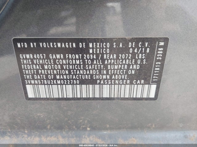 45539940 :رقم المزاد ، 3VWN57BU2KM022790 vin ، 2019 Volkswagen Jetta 1.4t S مزاد بيع