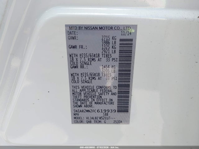 5N1AR2MN2FC619939 Nissan Pathfinder S