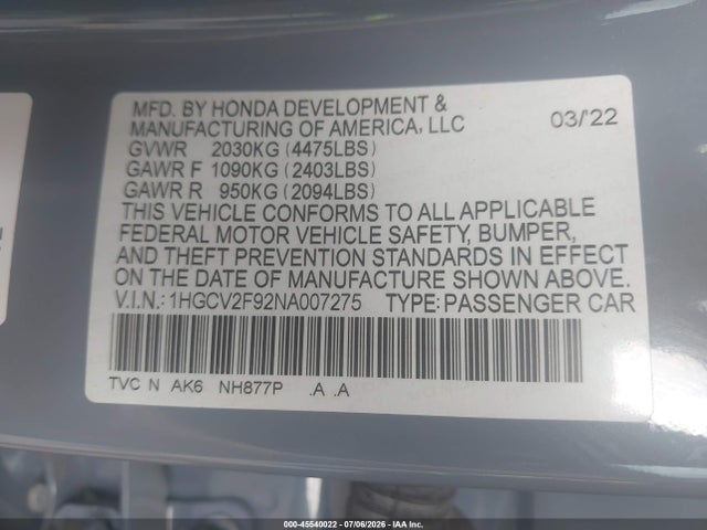 45540022 :رقم المزاد ، 1HGCV2F92NA007275 vin ، 2022 Honda Accord Touring مزاد بيع