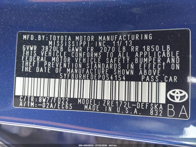 Toyota Corolla S Plus 2014 5YFBURHE0EP054154 Image 9