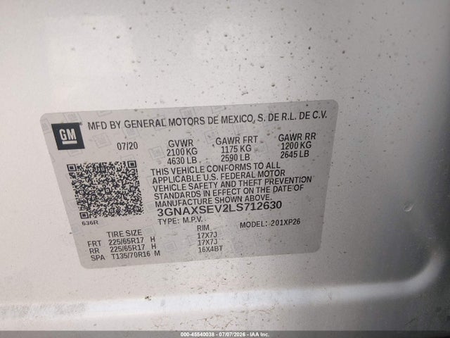 Продажа на аукционе авто 2020 Chevrolet Equinox Awd Ls, vin: 3GNAXSEV2LS712630, номер лота: 45540038