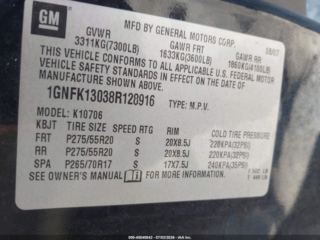 2008 Chevrolet Tahoe Ltz მანქანა იყიდება აუქციონზე, vin: 1GNFK13038R128916, აუქციონის ნომერი: 45540042