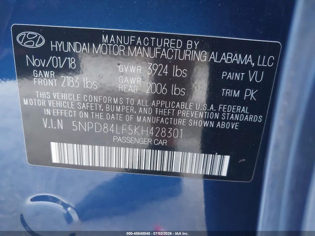 Aukcja sprzedaży 2019 Hyundai Elantra Sel, vin: 5NPD84LF5KH428301, numer aukcji: 45540048
