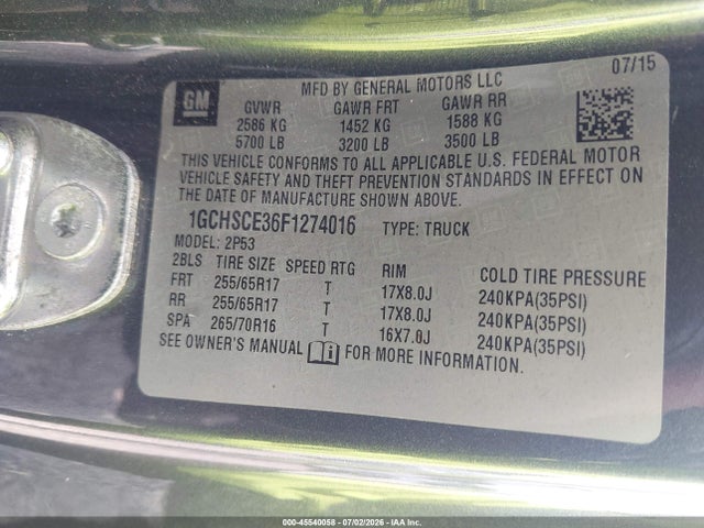 45540058 :رقم المزاد ، 1GCHSCE36F1274016 vin ، 2015 Chevrolet Colorado Z71 مزاد بيع