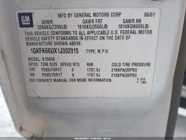 45540079 :رقم المزاد ، 1GKFK66UX1J302915 vin ، 2001 Gmc Yukon Xl 1500 Denali مزاد بيع