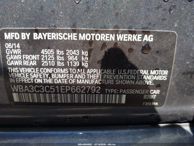 45540087 :رقم المزاد ، WBA3C3C51EP662792 vin ، 2014 Bmw 320i Xdrive مزاد بيع