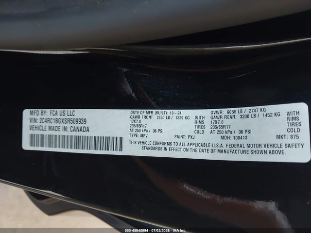 Auction sale of the 2025 Chrysler Pacifica Select, vin: 2C4RC1BGXSR509939, lot number: 45540094