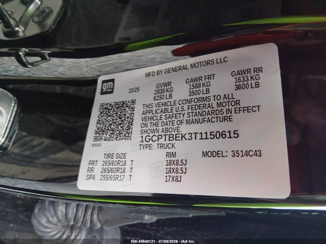 45540121 :رقم المزاد ، 1GCPTBEK3T1150615 vin ، 2026 Chevrolet Colorado Wt, 4wd مزاد بيع