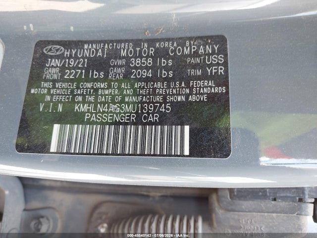 2021 Hyundai Elantra Sel მანქანა იყიდება აუქციონზე, vin: KMHLN4AG3MU139745, აუქციონის ნომერი: 45540142
